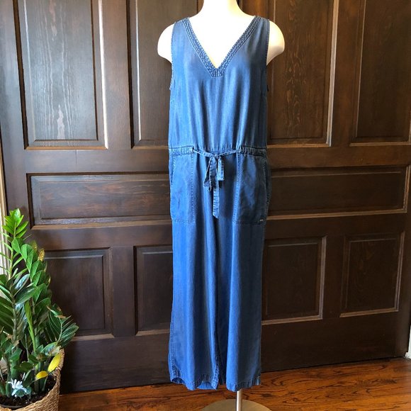 Nautica Wide Leg Jumpsuit Sleeveless Lyocell Denim Drawstring Waist Women's L - Picture 1 of 10